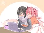  2girls akemi_homura black_hair blush casual coffee computer hair_ribbon hug hug_from_behind kaname_madoka kotatsu laptop long_hair mahou_shoujo_madoka_magica multiple_girls pink_hair ribbon scarf short_hair short_twintails simple_background smile sweater table twintails violet_eyes yuka_(mikuxluka) yuri 