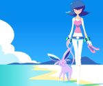  1girl beach black_hair bracelet capri_pants closed_eyes clouds espeon gym_leader holding holding_shoes jewelry lowres midriff mintchoco_(mmn2) natsume_(pokemon) pants pokemon pokemon_(creature) pokemon_(game) pokemon_hgss shoes_removed short_hair sky solo tank_top thigh_gap 