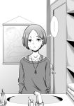  1girl :&lt; bathroom comic i_am_homeko jewelry kobayakawa_rinko love_plus monochrome necklace off-shoulder_sweater short_hair solo sweat sweater 