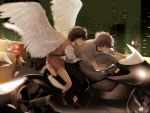  1boy 1girl blurry brown_hair city closed_eyes feathered_wings feathers highres hisami_touji mishima_lisa motor_vehicle motorcycle night short_hair smile tears vehicle wings wkn_kzh zankyou_no_terror 