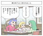  chair comic frog_hair_ornament fujiko_f_fujio_(style) glass hair_ornament karimei kochiya_sanae lowres menu moriya_suwako multiple_girls parody rope shimenawa snake_hair_ornament style_parody table touhou translated window yasaka_kanako 