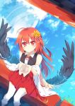 1girl ahoge detached_sleeves feathered_wings highres in_water looking_at_viewer looking_up nibiiro_shizuka original pleated_skirt red_eyes redhead skirt solo tagme thigh-highs white_legwear wings youkai zettai_ryouiki 