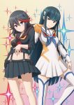  2girls black_hair blue_eyes blush eyebrows junketsu kill_la_kill kiryuuin_satsuki long_hair matoi_ryuuko midriff multicolored_hair multiple_girls murata_isshin navel pleated_skirt redhead school_uniform senketsu serafuku short_hair skirt streaked_hair suspenders thick_eyebrows thigh-highs two-tone_hair very_long_hair zettai_ryouiki 