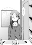  1girl :&lt; bathroom comic i_am_homeko jewelry kobayakawa_rinko long_hair love_plus monochrome necklace off-shoulder_sweater solo sweat sweater translated 