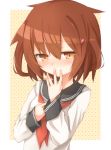  1girl blush brown_eyes brown_hair bust hair_ornament hairclip hand_on_own_chest hand_to_own_mouth ikazuchi_(kantai_collection) kantai_collection long_sleeves looking_at_viewer machinery neckerchief rateratte sailor_collar school_uniform serafuku short_hair smile solo 