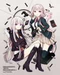  2girls braid buzz dangan_ronpa flipped_hair gloves hair_ornament hair_ribbon hairclip handheld_game_console hoodie jacket kirigiri_kyouko long_hair mary_janes monokuma monomi_(dangan_ronpa) multiple_girls nanami_chiaki necktie open_clothes open_hoodie pink_eyes pink_hair pleated_skirt purple_hair ribbon shoes single_braid skirt super_dangan_ronpa_2 thighhighs very_long_hair violet_eyes 