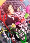  1boy absurdres adachi_tooru black_hair card confetti formal hat highres magic_trick necktie open_mouth persona persona_4 playing_card short_hair smile solo suit tasuku top_hat 