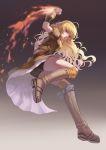  1girl ahoge bike_shorts blonde_hair bojue_yu_yaojing_695657 boots breasts fingerless_gloves fire gloves gradient gradient_background long_hair puffy_sleeves rwby solo violet_eyes wavy_hair weapon yang_xiao_long 