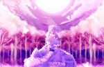  1girl blue_dress butterfly clouds dress fan folding_fan frilled_dress frilled_sleeves frills hair_between_eyes hat looking_at_viewer moon moonlight night no_nose pink pink_hair saigyouji_yuyuko shio_(szsn) smile solo touhou tree triangular_headpiece veil wide_sleeves 