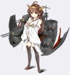  1girl ahoge bare_shoulders boots brown_eyes brown_hair crossed_arms detached_sleeves double_bun frilled_skirt frills headgear japanese_clothes jurakin kantai_collection kongou_(kantai_collection) lace lace-trimmed_thighhighs long_hair machinery nontraditional_miko ribbon-trimmed_sleeves ribbon_trim skirt smile thigh-highs thigh_boots wide_sleeves 