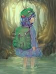  1girl backpack bag blue_eyes blue_hair branch cabbie_hat cattail dress forest from_behind hair_bobbles hair_ornament hat highres kawashiro_nitori key kinsan lamp long_sleeves looking_at_viewer looking_back nature partially_submerged plant pocket short_hair short_twintails skirt skirt_set solo touhou tree twintails 