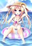  1girl :p akanbe bikini blonde_hair blue_bikini blue_eyes blue_sky blush breasts cleavage esureki flower frilled_bikini frills innertube long_hair looking_at_viewer ocean original revision sky solo striped striped_bikini striped_swimsuit sunflower swimsuit tongue tongue_out twintails water 