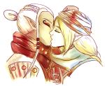  2girls artist_name blonde_hair closed_eyes dark_skin eyeliner eyeshadow hair_bun impa interracial kiss long_hair makeup multiple_girls ocarina_of_time pointy_ears scarf sheik source_request the_legend_of_zelda turban white_hair yuri zelda_musou 