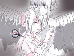  2girls akemi_homura akuma_homura bare_shoulders black_gloves black_hair black_wings bow dress elbow_gloves feathered_wings gloves goddess_madoka grey_background greyscale hair_bow hug kaname_madoka long_hair mahou_shoujo_madoka_magica mahou_shoujo_madoka_magica_movie monochrome multiple_girls pink_hair red_string scissors simple_background sleeping spoilers string two_side_up white_dress white_gloves wings yuka_(mikuxluka) yuri 