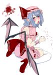  1girl adapted_costume back bat_wings blood blood_on_face blue_hair bow earrings fangs hat hat_ribbon high_heels highres jewelry looking_at_viewer looking_back mob_cap nail_polish open_mouth panzer pointy_ears puffy_sleeves red_eyes remilia_scarlet ribbon shirt short_hair short_sleeves simple_background sitting skirt skirt_set solo touhou white_background wings wrist_cuffs 