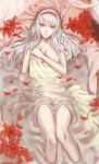  1girl brown_eyes covering covering_breasts flower hairband kantai_collection kirigaku_luo long_hair looking_at_viewer lying partially_submerged petals shoukaku_(kantai_collection) solo towel water wet white_hair 