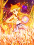  1girl blurry brown_hair clenched_hand fire hair_ribbon highres horn_ribbon horns ibuki_suika long_hair looking_at_viewer oni red_eyes ribbon solo tagme touhou wrist_cuffs zimajiang 