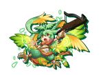  1girl bird_tail bow_(weapon) brown_eyes claws crossbow gradient_wings green_hair highres holding multicolored_wings navel open_mouth petals puzzle_&amp;_dragons simple_background solo sylph_(p&amp;d) tagme tomotsuka_haruomi weapon white_background wings 