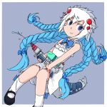  1girl blue_eyes braid dress extra_eyes genderswap ipaanbaa kog&#039;maw league_of_legends mary_janes personification red_eyes shoes solo tail water_gun white_dress 