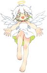  1girl :d angel bare_shoulders barefoot dress feet green_eyes halo no_panties open_mouth outstretched_arms oyatsu_(mk2) short_hair simple_background smile solo toes white_background white_hair wings 