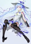  1girl black_legwear blue_hair drill_hair feet fingerless_gloves gloves hair_ribbon hat hatsune_miku highres long_hair magical_girl no_shoes ribbon snowflakes solo thighhighs thighs twintails u.n.k. very_long_hair violet_eyes vocaloid witch_hat yuki_miku 