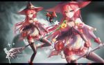  1girl bare_shoulders cat detached_sleeves dungeon_and_fighter hat long_hair pointy_ears red_eyes redhead staff thigh-highs wangchuan_de_quanyan witch_hat 