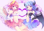  2girls angel angel_and_devil angel_wings aoi_rena bare_shoulders blue_eyes blue_hair blush bow braid breasts choker demon_girl demon_wings elbow_gloves gloves hair_bow heart horns large_breasts long_hair multiple_girls navel open_mouth original pink_hair violet_eyes wings 