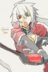  1girl black_gloves blazblue breasts cleavage elbow_gloves genderswap gloves green_eyes heterochromia long_hair open_mouth ponytail ragna_the_bloodedge red_eyes silver_hair solo sword tekkei_(teckei) weapon 