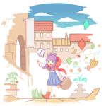  1girl :d banana black_eyes carrying clouds fish food fountain fruit hood lino-lin little_red_riding_hood looking_at_viewer luo_tianyi musical_note open_mouth picnic_basket plant pointing potted_plant purple_hair quaver running skirt sky smile solo spoken_musical_note tagme vocaloid 