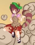  1girl animal_ears bell brown_eyes brown_hair futatsuiwa_mamizou glasses hand_on_hip hat kiseru okomedaisuki5 pipe raccoon_ears raccoon_tail sandals shirt short_hair skirt sleeveless smile smoke tail touhou 