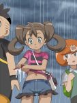  1girl 2boys awa backpack bag black_hair blush brown_hair clouds dark_skin denim denim_shorts frills frown green_eyes multiple_boys navel orange_hair pokemon pokemon_(game) pokemon_xy quad_tails rain sana_(pokemon) shiny shiny_hair short_hair shorts shoulder_bag tierno_(pokemon) toroba_(pokemon) twintails wet wet_clothes wringing_clothes wristband 