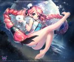  bare_legs barefoot blue_eyes blue_n braid cd dress hood leg_up legs long_hair moon night night_sky panties pantyshot pink_hair rana_(vocaloid) sky smile twin_braids underwear very_long_hair vocaloid 