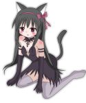  1girl akemi_homura akuma_homura animal_ears bare_shoulders black_gloves black_hair bow cat_ears cat_tail choker dress elbow_gloves gloves hair_bow kemonomimi_mode long_hair looking_at_viewer mahou_shoujo_madoka_magica mahou_shoujo_madoka_magica_movie no_shoes seiza simple_background sitting solo tail thigh-highs violet_eyes white_background zettai_ryouiki 