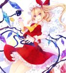  1girl abstract_background ascot blonde_hair character_name coin flandre_scarlet highres laevatein legs_together looking_at_viewer mob_cap nail_polish open_mouth pink_nails puffy_short_sleeves puffy_sleeves renkarua short_sleeves side_ponytail skirt skirt_set smile solo touhou violet_eyes white_background wings wrist_cuffs 