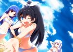  3girls beach bikini black_hair blue_eyes blue_hair bracelet breasts earrings fang ganaha_hibiki hair_ribbon idolmaster jewelry kisaragi_chihaya looking_at_viewer multiple_girls ocean one_eye_closed open_mouth ponytail red_eyes ribbon sagamihara_sakyou shijou_takane smile swimsuit violet_eyes white_bikini white_hair white_swimsuit 