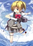  1girl :d akane_souichi blonde_hair blue_eyes blue_sky bowtie clenched_hand gloves grey_skirt kantai_collection kneehighs machinery maikaze_(kantai_collection) ocean one_leg_raised open_mouth pleated_skirt ponytail red_bow short_hair skirt sky smile solo splashing thigh_strap vest white_gloves 