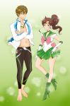  barefoot bishoujo_senshi_sailor_moon boots brown_hair choker crossover elbow_gloves free! gloves goggles goggles_around_neck green_eyes green_skirt highres jacket jammers jewelry kino_makoto long_hair magical_girl namesake navel ponytail sailor_jupiter short_hair skirt smile sparkle tachibana_makoto tiara trait_connection 