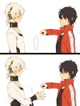  2boys 2koma black_hair bookcage comic fist_bump headphones kagerou_project kisaragi_shintarou konoha_(kagerou_project) multiple_boys red_eyes shaded_face short_hair silent_comic track_jacket white_background white_hair 