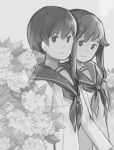  2girls field flower flower_field greyscale looking_at_viewer monochrome multiple_girls neckerchief school_uniform serafuku shirono_kuma short_hair smile strike_witches takei_junko uniform wakamoto_tetsuko 