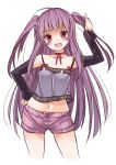  1girl :d ahoge blush choker detached_sleeves eighth hand_on_hip highres long_hair looking_at_viewer midriff navel oota_yuuichi open_mouth purple_hair shinjou_hikaru shorts simple_background smile solo two_side_up violet_eyes white_background 