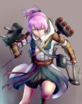  1girl alternate_costume anchor assassin&#039;s_creed blue_eyes connor_kenway_(cosplay) gloves gradient gradient_background hair_ornament holding ishii_hisao kantai_collection knife machinery mecha_musume pink_hair ponytail serious shiranui_(kantai_collection) short_hair solo tagme turret 
