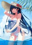  1girl adjusting_clothes adjusting_hat ball bangs bare_shoulders bikini blue_eyes blue_hair breast_rest breasts carried_breast_rest cleavage clouds collarbone flower hat hat_flower hat_ribbon highres long_hair looking_at_viewer original parted_lips partially_submerged partially_underwater_shot ribbon side-tie_bikini sky solo strap_gap straw_hat swimsuit transparent wading water wet white_bikini white_swimsuit 