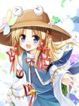  1girl :d adapted_costume alternate_costume bell blonde_hair blue bow detached_sleeves hair_bow hair_ornament hair_ribbon hat long_hair long_sleeves looking_at_viewer moriya_suwako open_mouth reaching ribbon smile solo tagme touhou wide_sleeves wind yuuhagi_(amaretto-no-natsu) 