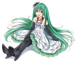  1girl creek_(moon-sky) crossed_legs dress elbow_gloves gloves green_eyes green_hair hatsune_miku high_heels jewelry long_hair necklace open_mouth pantyhose sitting solo twintails very_long_hair vocaloid white_background 