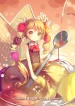  1girl absurdres bow food food_as_clothes food_themed_clothes hair_as_food hair_ornament highres holding ice_cream light_brown_eyes light_brown_hair lino-lin long_hair looking_at_viewer original parfait smile solo spoon tagme twintails 