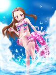  1girl av_(artist) barefoot bikini bikini_skirt brown_hair clouds feet hairband highres idolmaster innertube long_hair minase_iori navel pink_bikini pink_eyes polka_dot polka_dot_bikini polka_dot_swimsuit sky solo sparkle splashing stuffed_animal stuffed_bunny stuffed_toy sun swimsuit water 