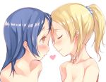  2girls ayase_eli blonde_hair blue_hair blush brown_eyes closed_eyes forehead-to-forehead hair_down heart long_hair looking_at_another love_live!_school_idol_project mikage_sekizai multiple_girls out-of-frame_censoring simple_background smile sonoda_umi white_background yuri 