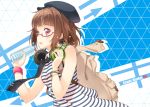  1girl bag bottle brown_hair casual comiket dress glasses hat headphones headphones_around_neck holding hyuuga_azuri looking_at_viewer open_mouth original red_eyes rimless_glasses short_hair shoulder_bag solo striped striped_dress sweat tagme wristband 