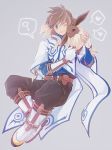  1boy ? belt blue_eyes boots brown_hair cape creature eevee gloves grey_background heart heke knee_boots male one_eye_closed pants pokemon pokemon_(creature) slay_(tales) smile spoken_heart tales_of_(series) tales_of_zestiria trait_connection 