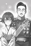 1boy 1girl ^_^ bare_shoulders closed_eyes detached_sleeves facial_hair glasses hand_on_another&#039;s_shoulder headgear hiei_(kantai_collection) hirohito japanese_clothes kantai_collection medal military military_uniform monochrome mustache nontraditional_miko real_life round_glasses semi-rimless_glasses short_hair smile sweat takemori_shintarou under-rim_glasses uniform 
